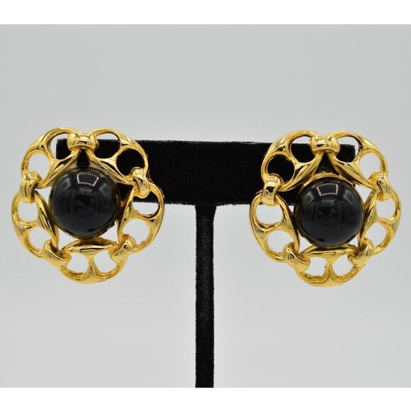 Vintage Cabochon Earrings Chain Link Round Gold Black Beaded Chunky NOS 1980s 9H - Picture 1 of 9